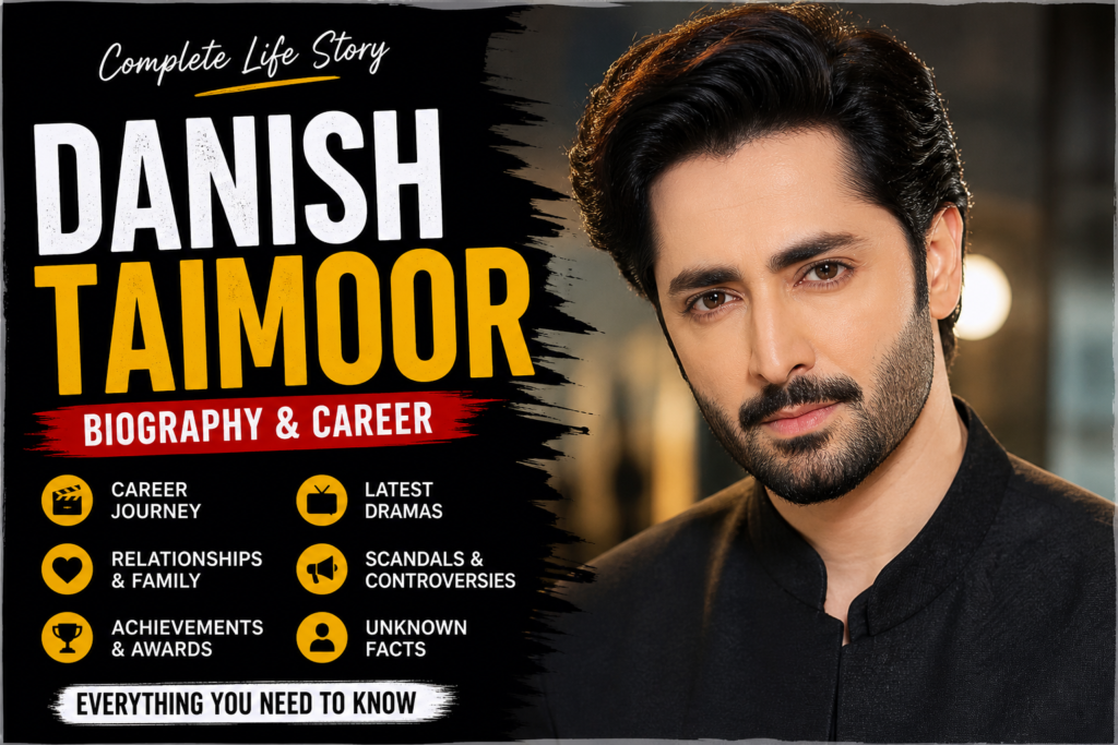 Danish Taimoor biography thumbnail with stylish portrait and text showing career, dramas, relationships and controversies