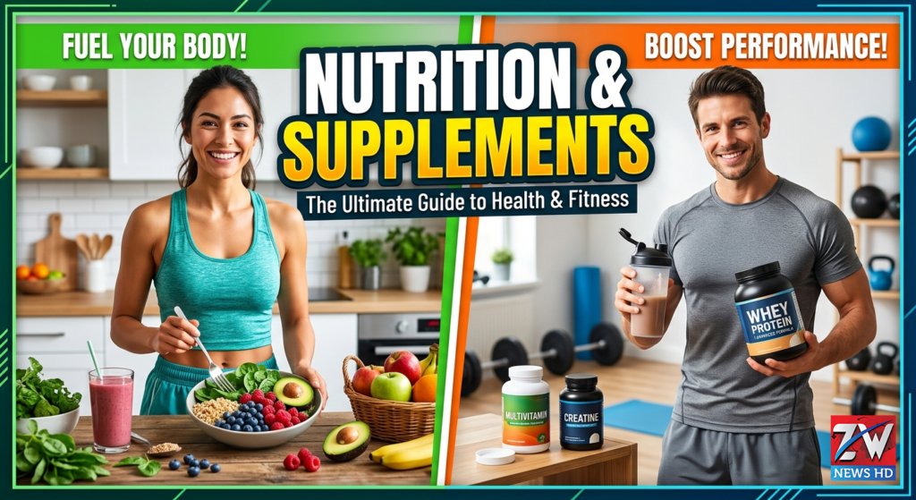 Healthy nutrition and dietary supplements including fruits, vegetables, vitamins, protein powder, and omega-3 capsules arranged on a clean kitchen table for a balanced wellness lifestyle.