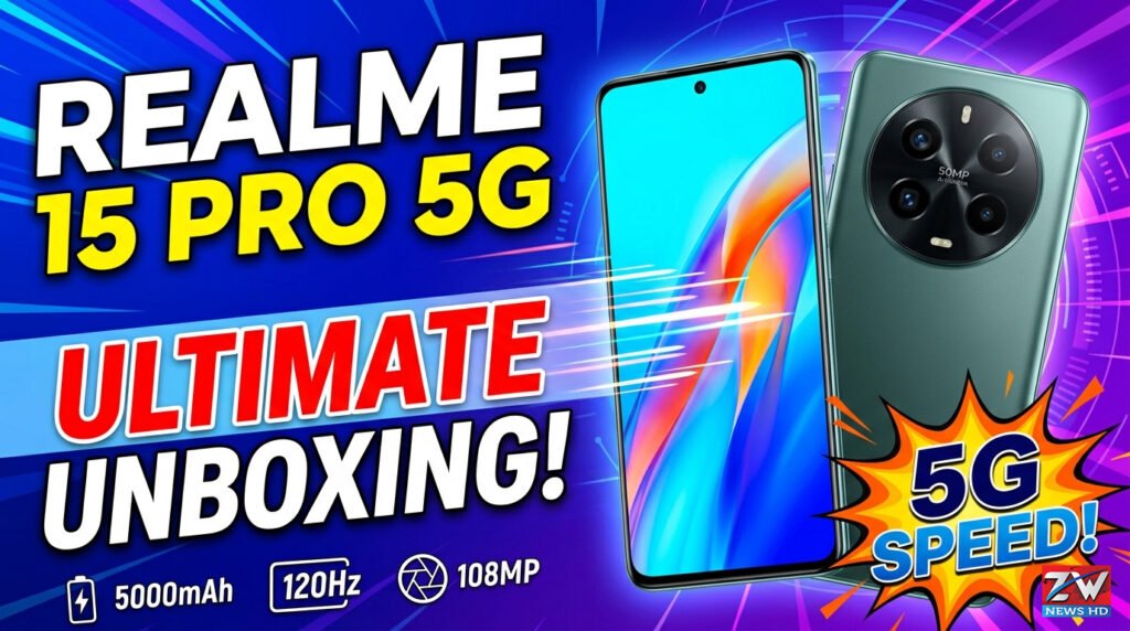 Realme 15 Pro 5G smartphone featuring a curved AMOLED display, dual 50MP cameras, Snapdragon processor, and 7000mAh battery in a premium modern design.