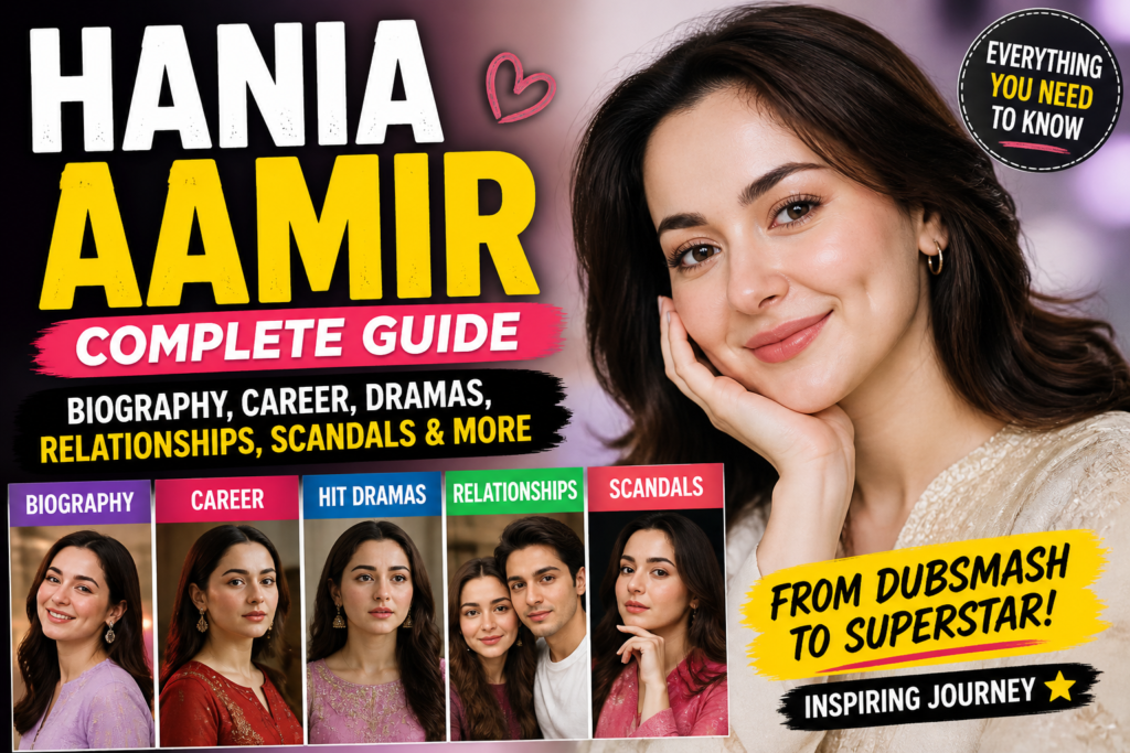 Hania Aamir complete guide thumbnail showing Pakistani actress portrait with text biography career dramas relationships and scandals