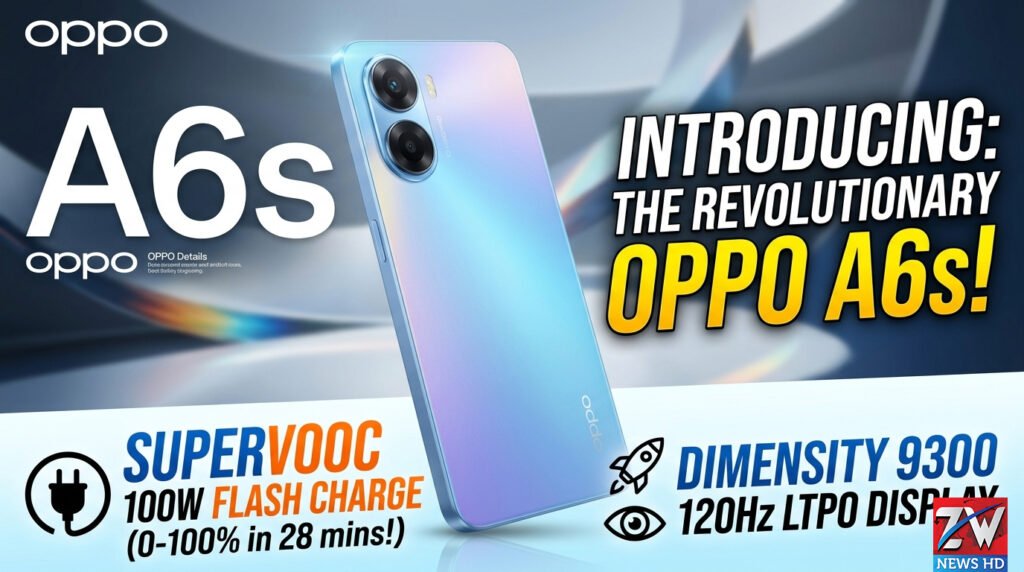 OPPO A6s Pro smartphone featuring a 6.57-inch AMOLED display, 7000mAh battery, and dual rear camera setup shown in a modern sleek design.