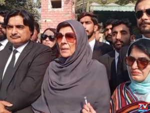 Aleema Khan speaking to reporters, denying reports that the former army chief met Imran Khan at Adiala Jail.