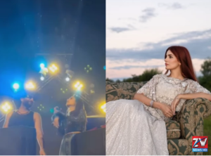 Bilal Saeed and Aima Baig performing the song “Barri,” with a playful mention of Momina Mustehsan being absent.