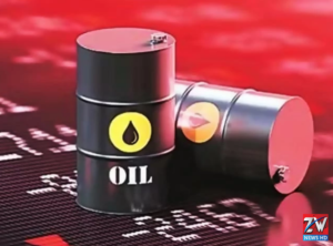 Illustration of crude oil barrels and a downward-trending price chart, with a map highlighting the Middle East region showing geopolitical tension near the Strait of Hormuz.