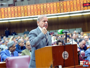 PM Shehbaz Sharif addressing Parliament while discussing possible fuel price reduction and national unity message.