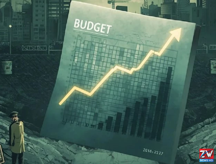 A finance-themed illustration representing the 2027 budget debate, featuring budget documents, charts, and financial figures that highlight concerns about misleading fiscal reporting and economic transparency.