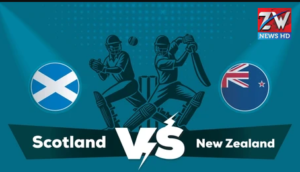 Scotland and New Zealand national football teams competing in an intense international match with players battling for possession on the field.