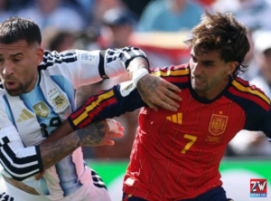 Spain players celebrate after defeating Argentina 1-0 to win the FIFA World Cup championship.